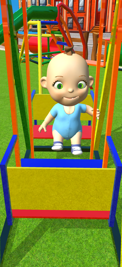 My Baby Babsy - Playground Fun - Baby Babsy sitting on a colorful swing in a 3D virtual playground
