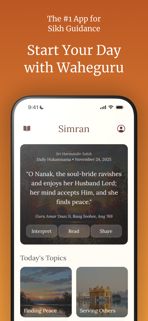 Simran - Sikh AI Chat - Smartphone display of the Simran Sikh AI app showing a Daily Hukamnama verse and spiritual topics.