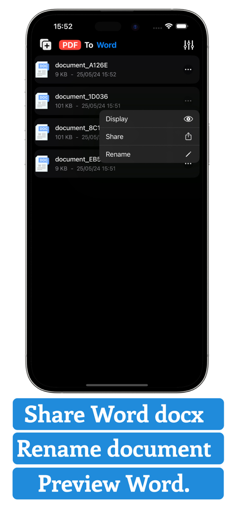 Interfaz de la aplicación PDF a Word que muestra funciones de gestión de documentos como compartir, renombrar y previsualizar.