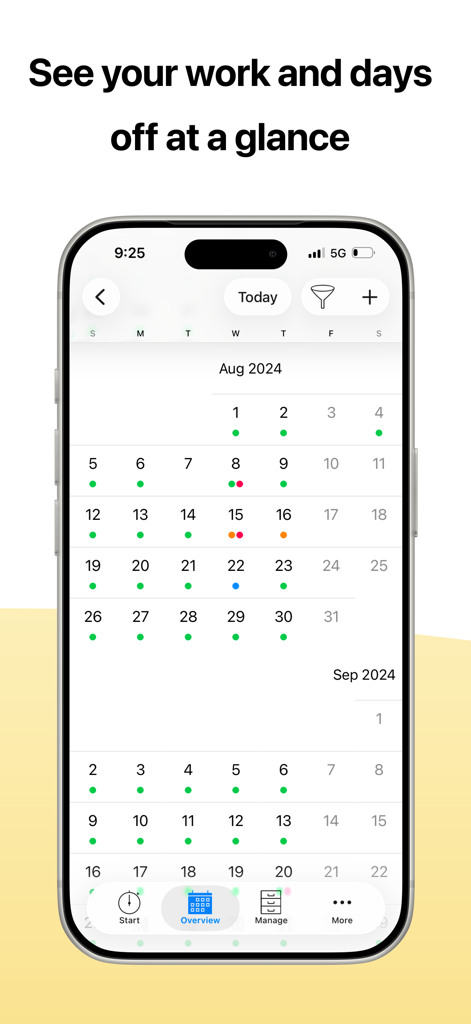 atWork Hours & Pay Tracker - Panoramica del calendario dell'app atWork che mostra turni di lavoro e giorni liberi a colpo d'occhio.