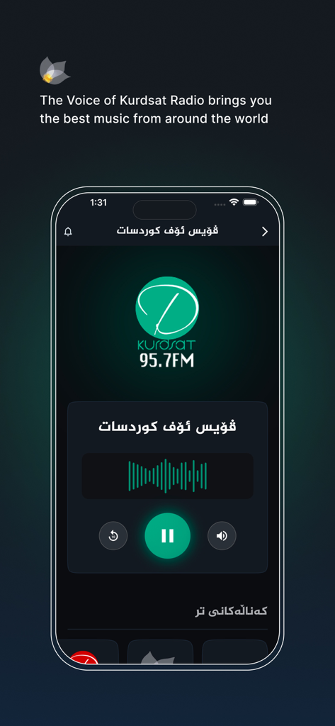 Kurdsat - Kurdsat Radio 95.7 FM music player interface showing playback controls and waveform on an iPhone