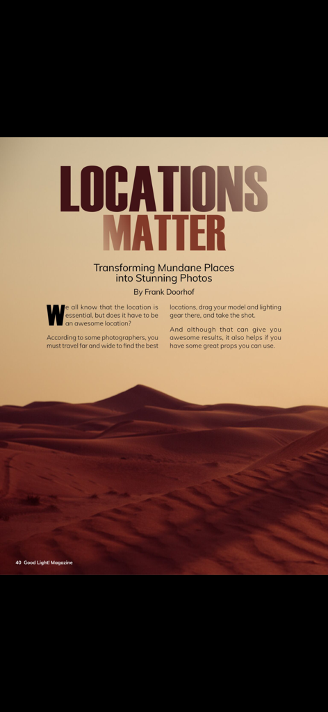 Una pagina di Good Light Magazine intitolata Locations Matter con un paesaggio desertico e consigli di fotografia