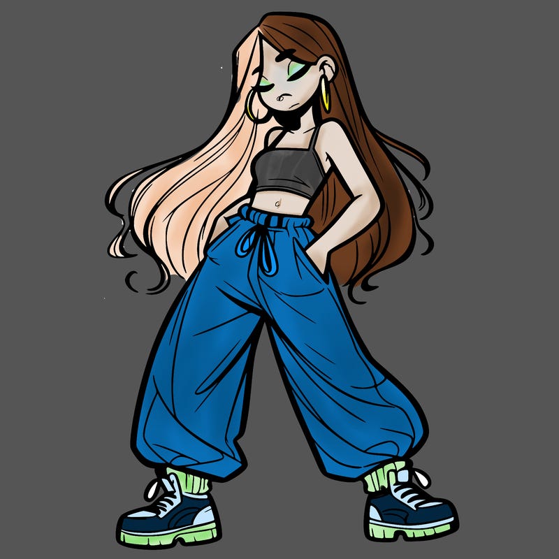girl in baggy pants crop top and long hair