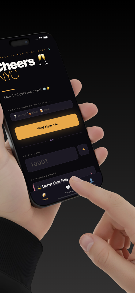 Cheers NYC - Cheers NYC app interface for finding happy hour deals by location and neighborhood