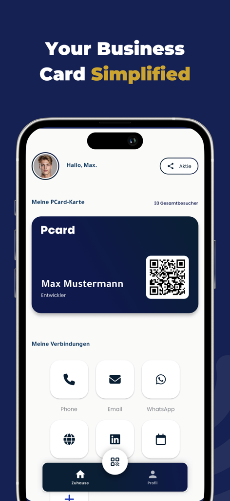 P-Card - Interfaz de tarjeta de presentación digital en la aplicación P-Card que muestra un código QR y enlaces de contacto.