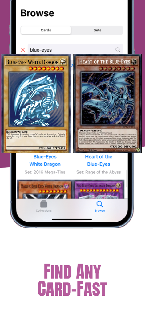 Yugioh Card Scanner - Search interface of the Yugioh Card Scanner app showing Blue-Eyes White Dragon results.