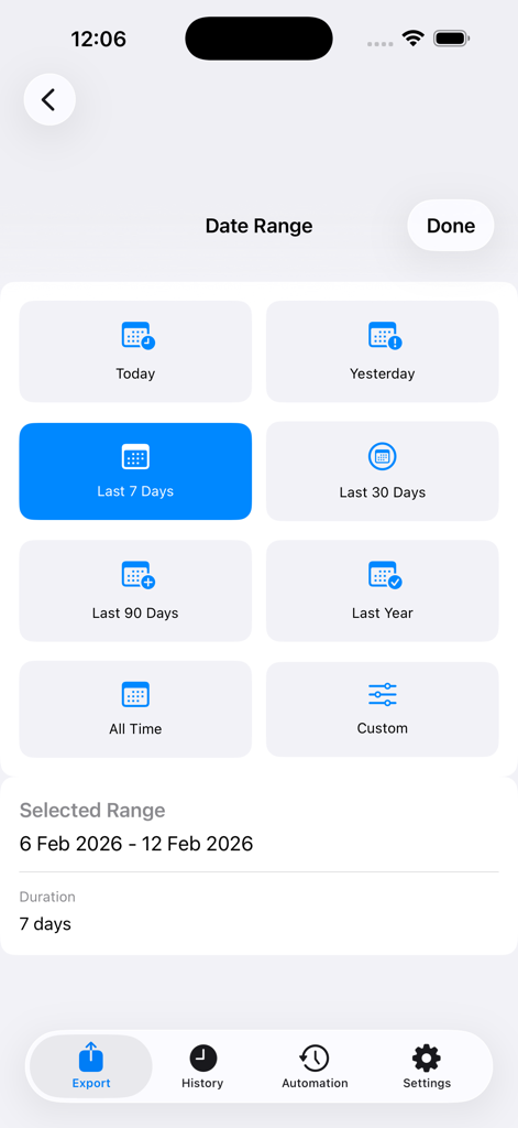 Health Data Export - A screenshot of the Health Data Export app showing the date range selection screen for data export.