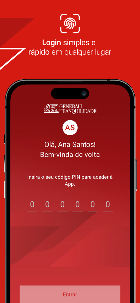 Generali Tranquilidade mobile app login screen featuring biometric authentication and PIN entry