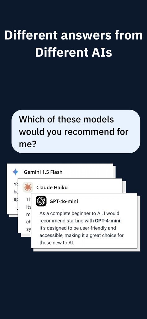 Interface de l'application mobile montrant une analyse comparative entre les modèles d'IA Gemini, Claude et GPT-4o