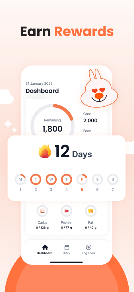 Kalguroo app dashboard displaying a 12-day streak and nutritional progress for calories and macros.
