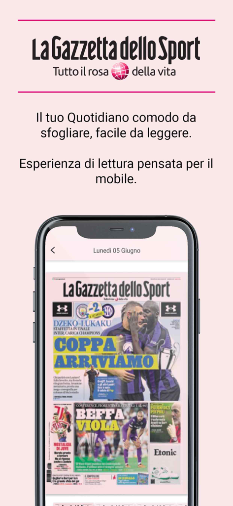 Gazzetta Reader mobile app displaying the digital front page of the Italian sports newspaper La Gazzetta dello Sport on a smartphone