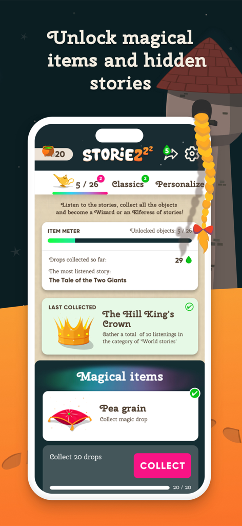 Storiezzz: Kids Fairy Tales - Interfaz de la aplicación Storiezzz que muestra la función interactiva para desbloquear objetos mágicos y cuentos ocultos al recolectar gotas de magia