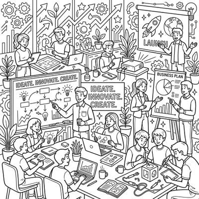 This vibrant coloring page captures the bustling energy of young minds hard at work, bringing innovative ideas to life. Join a team of budding teenage entrepreneurs as they collaborate, brainstorm, and shape the future, all ready for your creative touch.