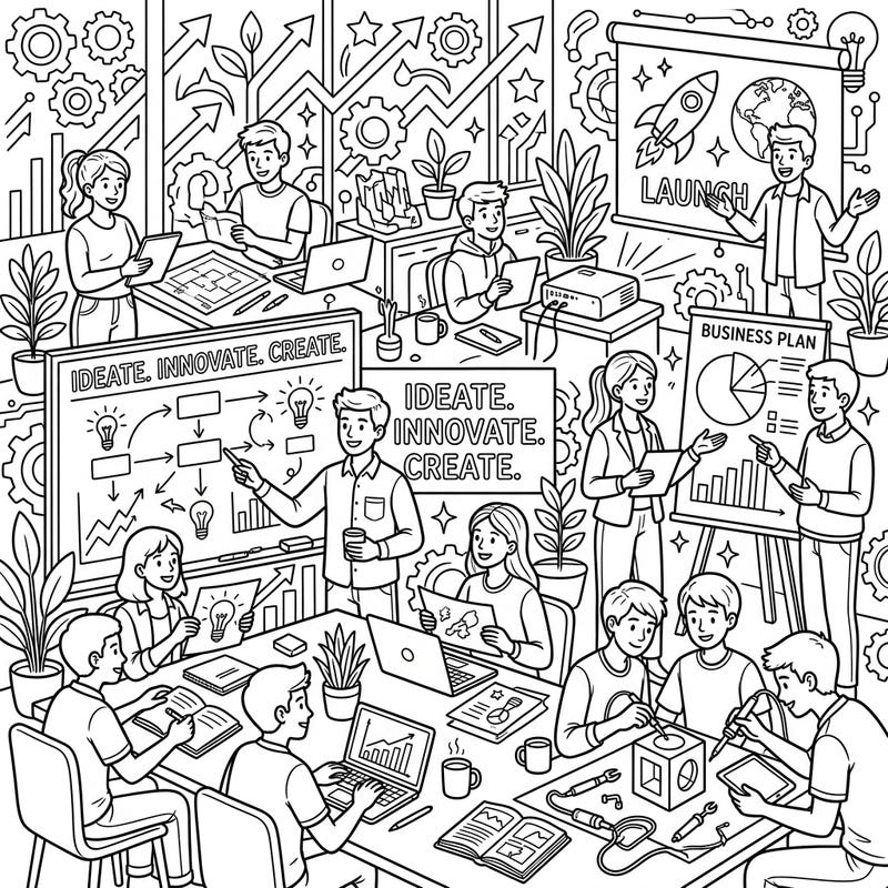 This vibrant coloring page captures the bustling energy of young minds hard at work, bringing innovative ideas to life. Join a team of budding teenage entrepreneurs as they collaborate, brainstorm, and shape the future, all ready for your creative touch.