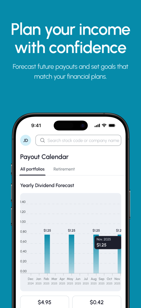 The Dividend Tracker - A yearly dividend forecast bar chart showing monthly income payouts on a mobile app screen