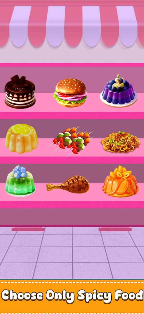 Eating Food Games: ASMR Games - Una interfaz de juego móvil que muestra varios alimentos en estantes rosas con un mensaje para elegir solo comida picante.