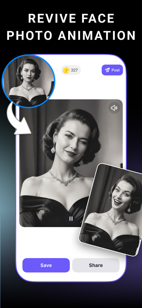 Mobile app interface demonstrating AI face photo animation on a black and white portrait