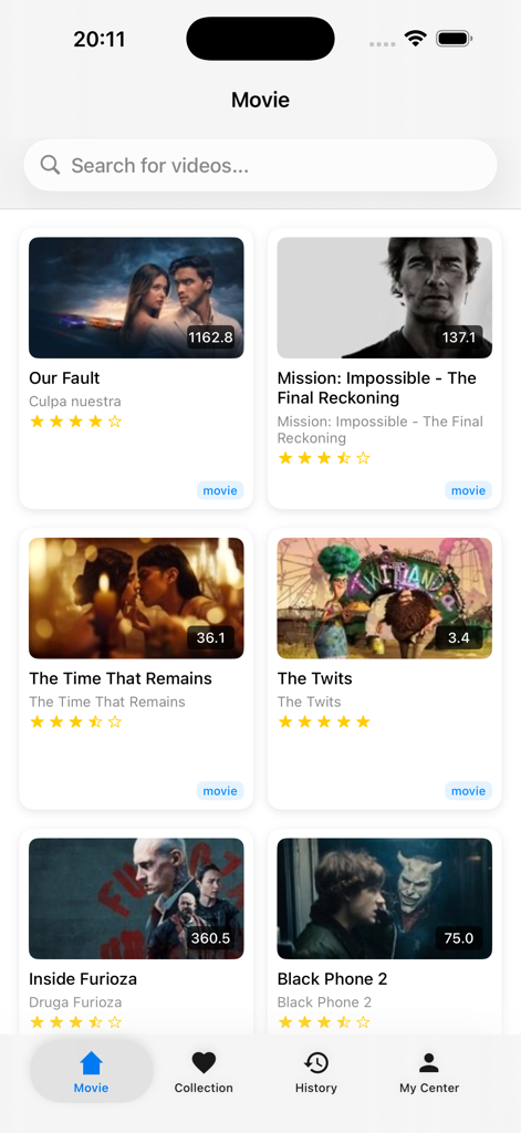 Cintraily - Cintraily app interface showing a search bar and a grid of movies with posters and star ratings