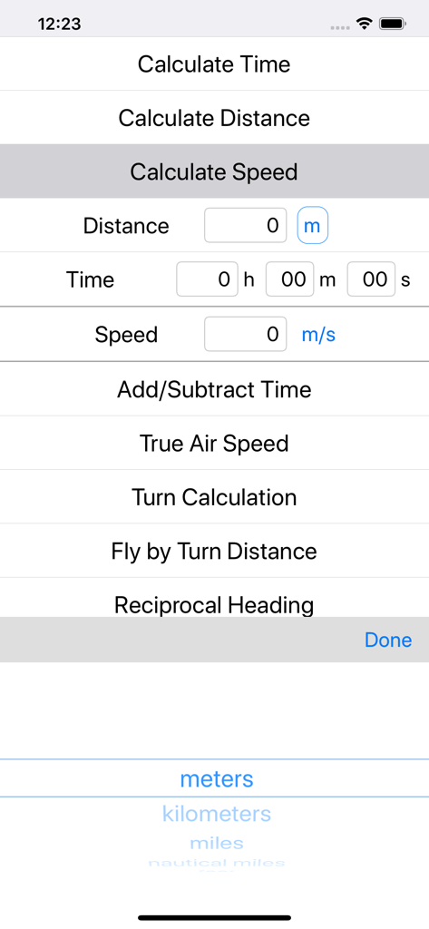 Interface of the Flight Calculator app showing calculation options for speed distance and time with a unit selection picker