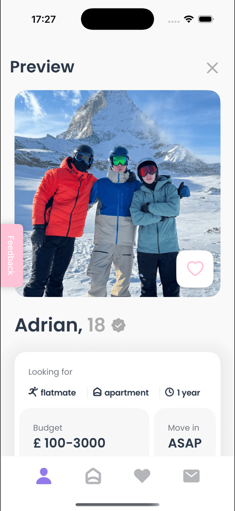 User profile preview of a student named Adrian on the Loby roommate matching app