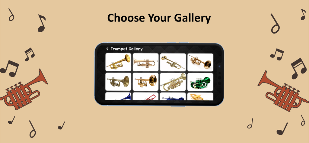 Trumpet Maestro - A selection gallery in the Trumpet Maestro app featuring various types and colors of brass trumpets.