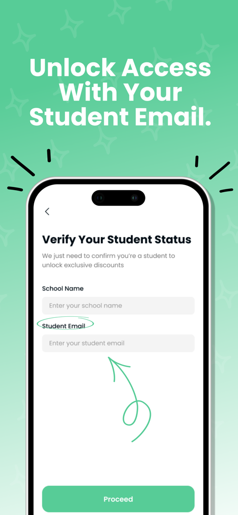 smartpocket.me - Mobile app screen for verifying student status with a school email to access exclusive discounts.