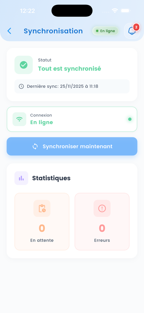 MedReport - The synchronization status screen of the MedReport app showing all data is up to date and online