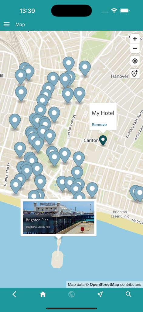 Interaktive Stadtkarte mit Anziehungspunkten und benutzerdefinierten Markierungen in der Brighton Reiseführer-App