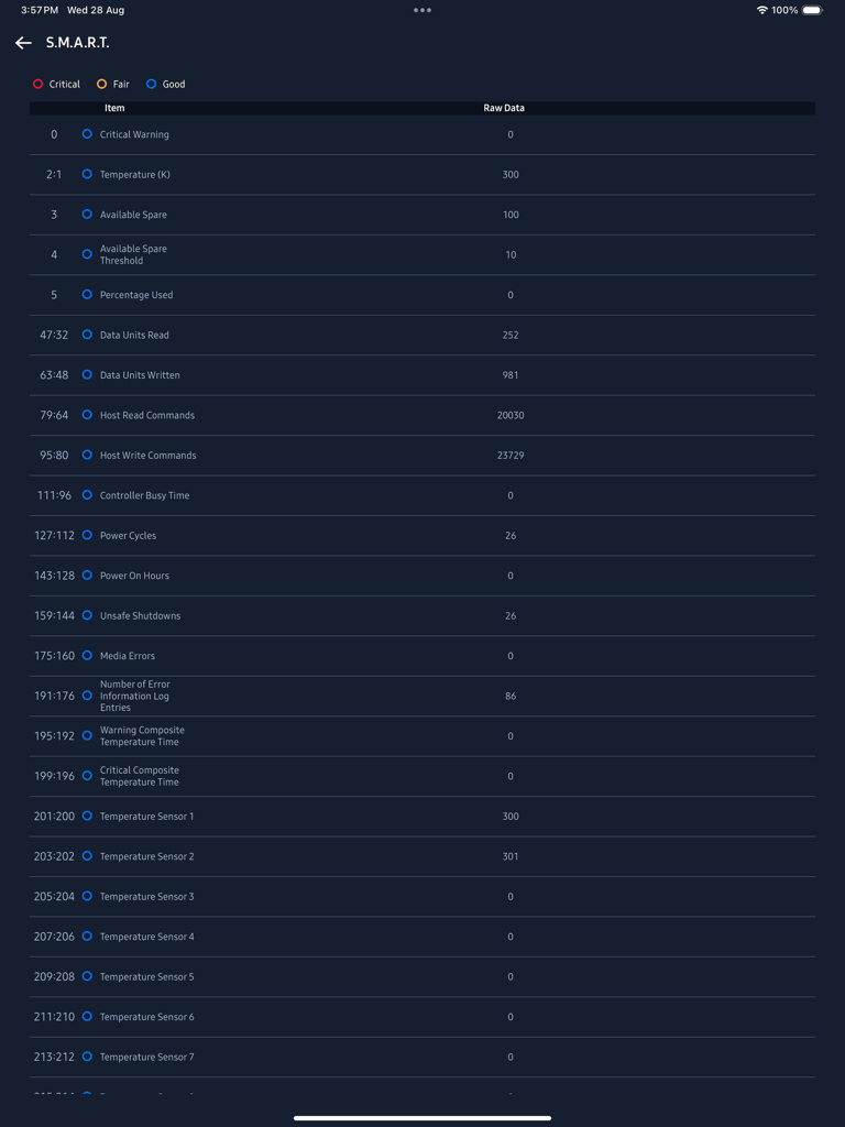Samsung Magician - Aplicación Samsung Magician mostrando datos de diagnóstico S.M.A.R.T. y estado de salud de un SSD