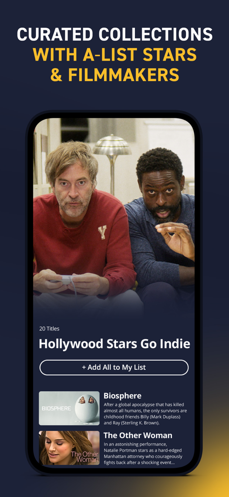 Sundance Now Mobile App-Oberfläche mit kuratierten Indie-Film-Kollektionen mit berühmten Schauspielern