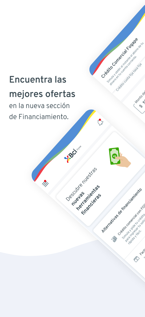 Pantalla de la aplicación móvil Bci Pyme que muestra herramientas de financiamiento para pequeñas empresas y crédito comercial.