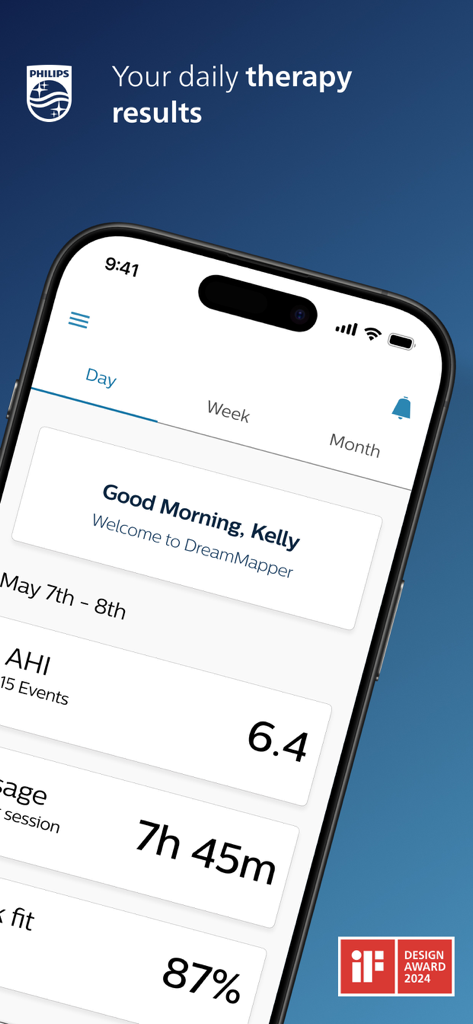 DreamMapper - DreamMapper App-Dashboard auf einem Smartphone, das Schlafapnoe-Therapiedaten anzeigt, einschließlich AHI und Nutzungsstunden.