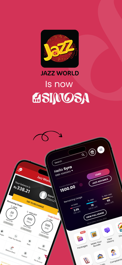 SIMOSA – Jazz World - Announcement of Jazz World rebranding to SIMOSA showing the mobile app dashboard interfaces