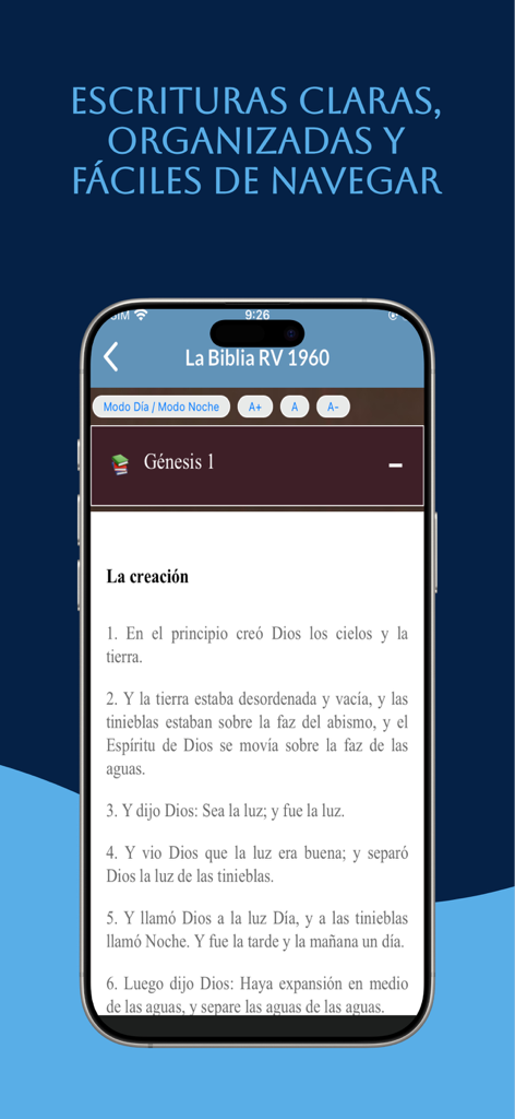 Scripture reading interface of the Estudio Biblia Reina Valera 1960 app showing Genesis 1