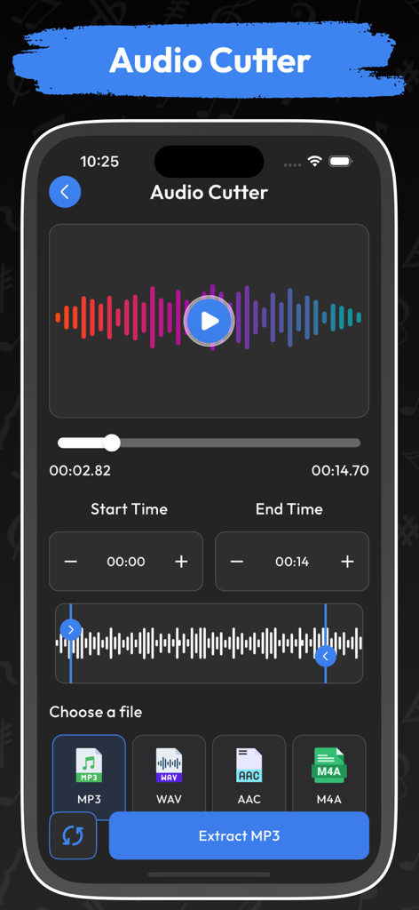 Audio Extractor Video to MP3 * - iPhone screenshot showing the Audio Cutter tool with a sound waveform and options to trim and extract audio as MP3