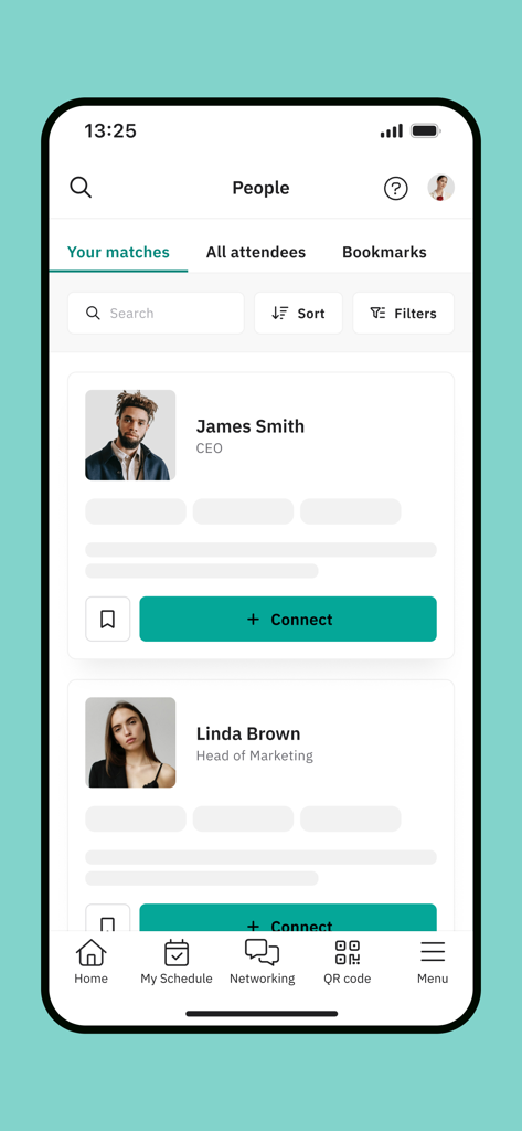 Écran de réseautage de l'application ChangeNOW montrant les profils de participants recommandés avec des boutons de connexion et des filtres de recherche