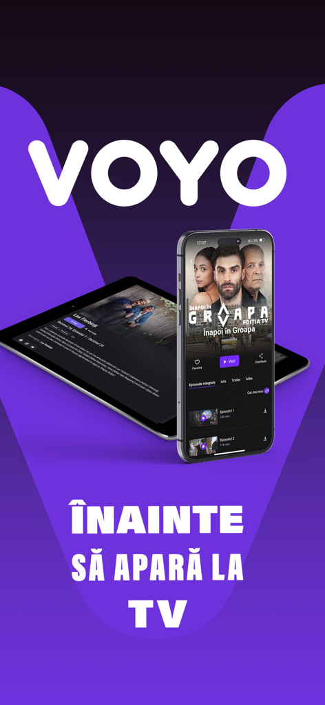 Voyo.ro - Voyo Streaming-App-Oberfläche auf einem Smartphone und Tablet mit rumänischen TV-Serien und Filmen