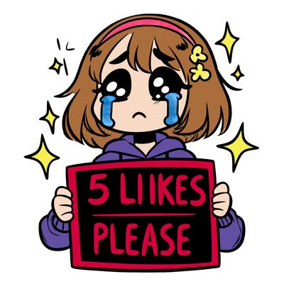 a  crying girl holding a sign that says 5 likes please