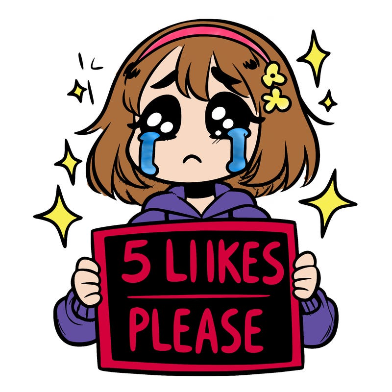 a  crying girl holding a sign that says 5 likes please