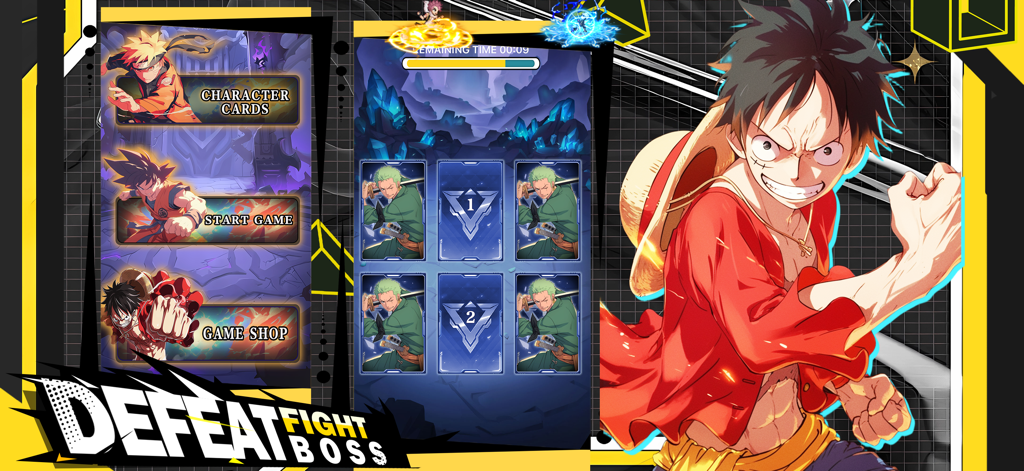 Pixel Anime Rumble - Pixel Anime Rumble menu and card matching gameplay featuring anime character archetypes.