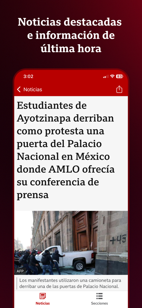 BBC Mundo - Aplicativo móvel BBC Mundo mostrando um artigo de notícias em espanhol sobre um protesto na Cidade do México
