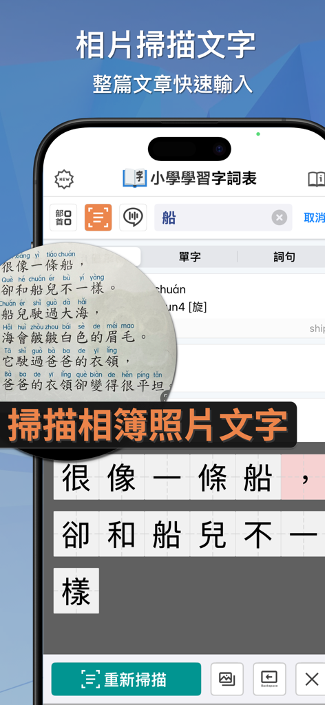 Elementary Chinese Dictionary app interface showing the OCR photo scanning feature to recognize and digitize Chinese characters from printed text