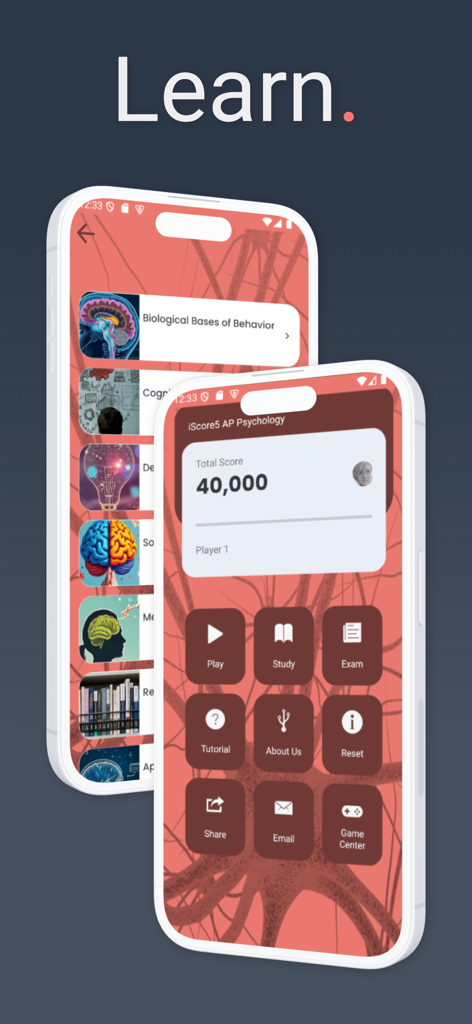 iScore5 AP Psychology - Dashboard principale dell'app iScore5 AP Psychology che mostra il punteggio dello studente e le opzioni di studio