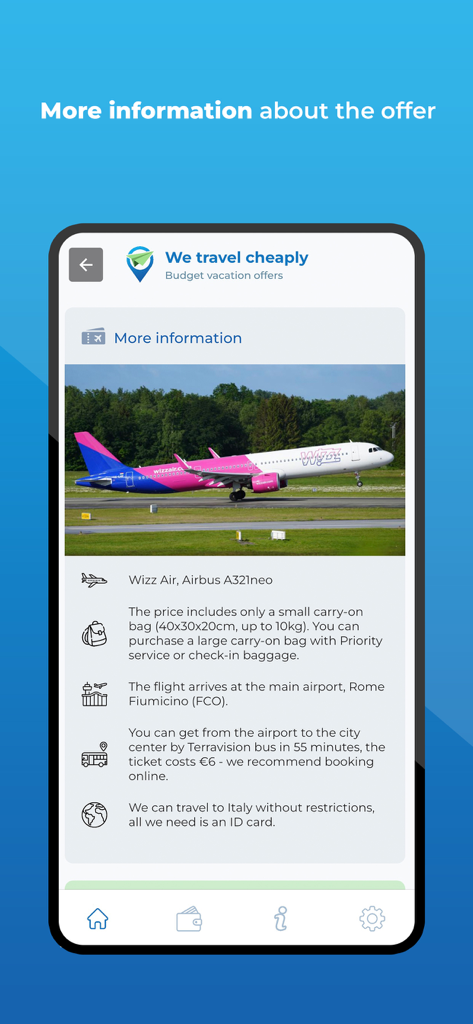 We travel cheaply - Schermata dell'app mobile che mostra informazioni dettagliate per un'offerta di volo economico per Roma, inclusi franchigia bagaglio della compagnia aerea e consigli sui trasporti
