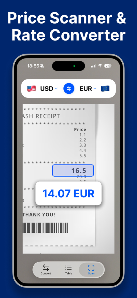 Currency Converter - Curry - Mobile app screen showing the price scanner feature converting a receipt amount from USD to EUR using the phone camera.