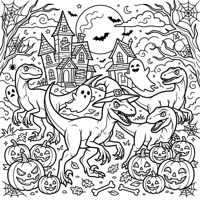 Get ready for a prehistoric Halloween bash with this exciting velociraptors coloring page! Join these spooky dinosaurs, jack-o'-lanterns, and ghosts for an adventure you won't forget.