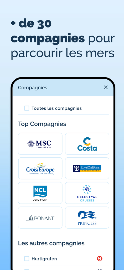 Abcroisiere - Una lista de logotipos de compañías de cruceros, incluidas MSC, Costa y Royal Caribbean, en la interfaz de la aplicación Abcroisiere.
