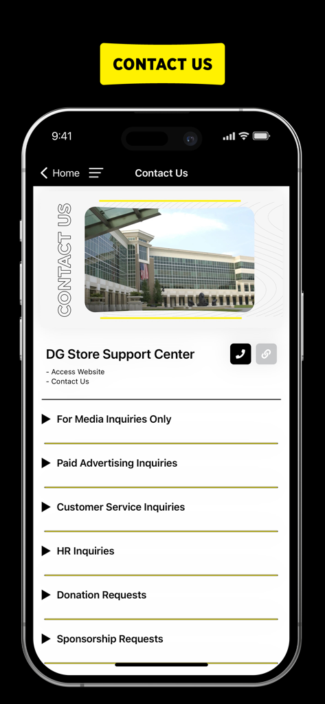 DG Benefits - Contact Us screen of the DG Benefits app featuring a list of inquiry categories for employees and partners.