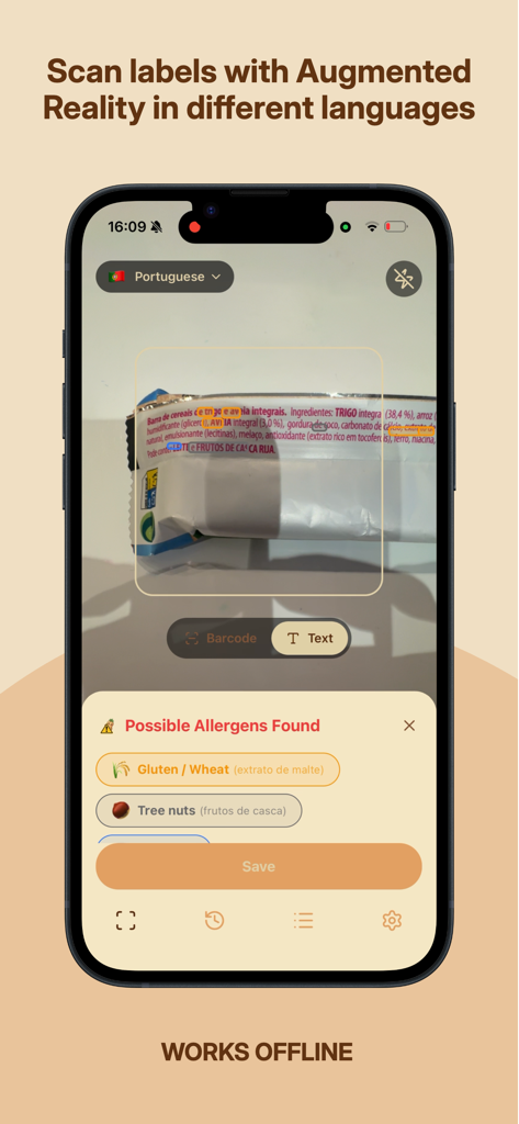 Alergio app scanning a food label with augmented reality to detect gluten and tree nuts in Portuguese