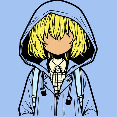 little anime girl in a raincoat her hair is covering her eyes she has a lighter